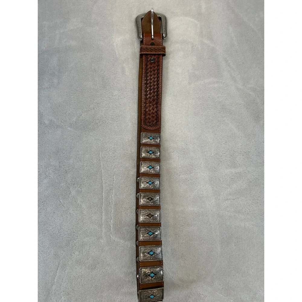 Leather Belt Unisex 34 Brown Handtooled Western Turquoise Concho Silver Buckle